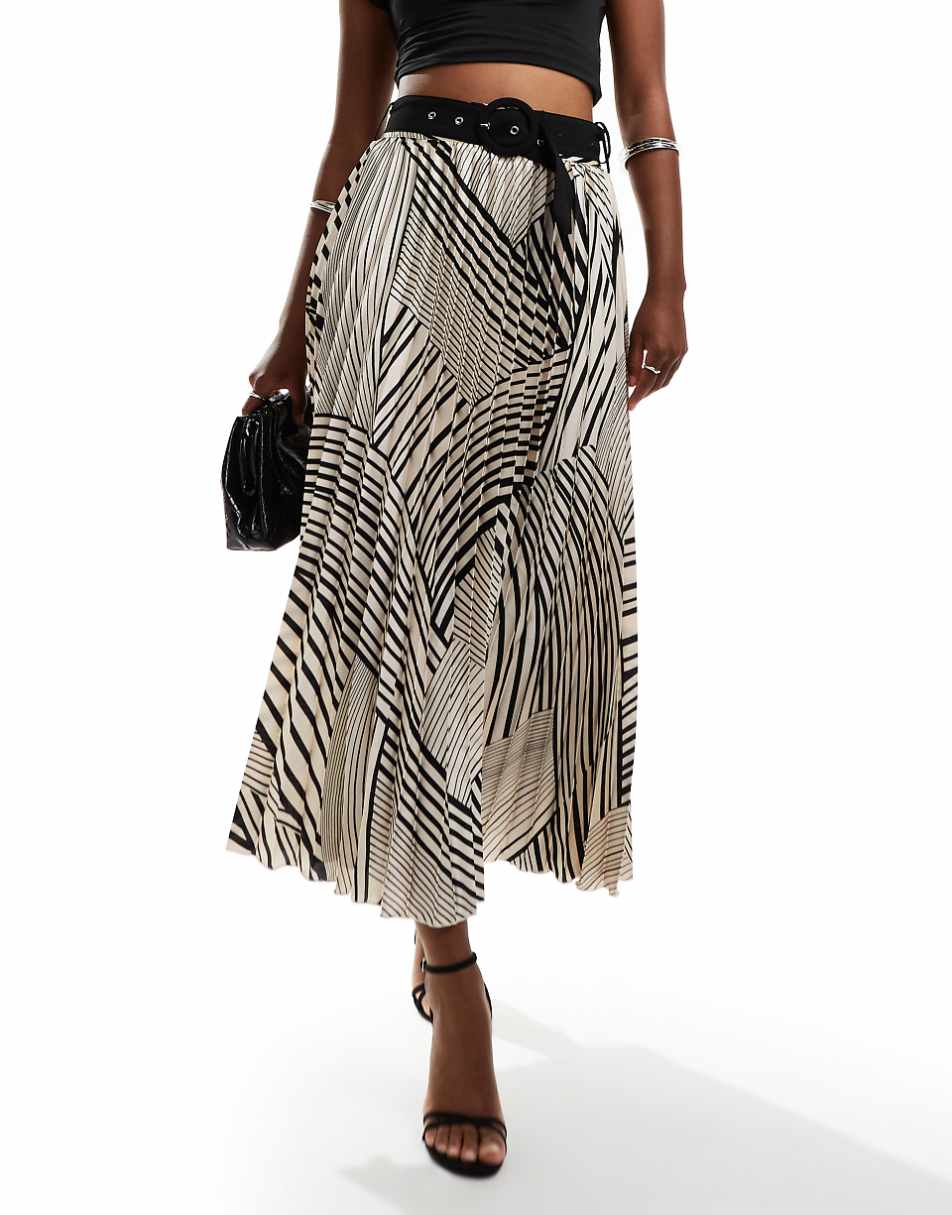 Style Cheat pleated midi skirt with belt in geo print