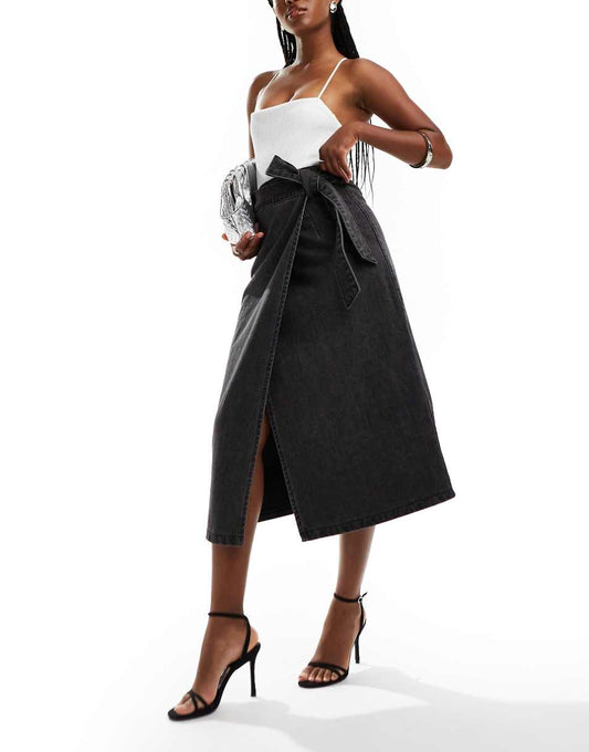 Style Cheat denim wrap midi skirt in washed black