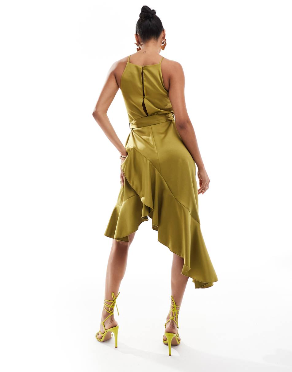 Style Cheat halterneck cami midi dress with tie waist in olive