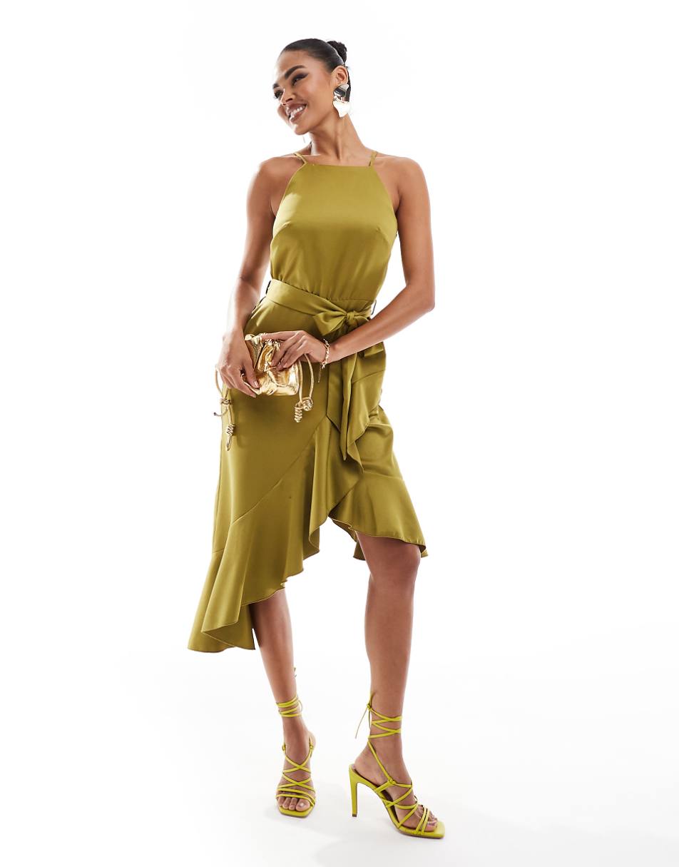 Style Cheat halterneck cami midi dress with tie waist in olive