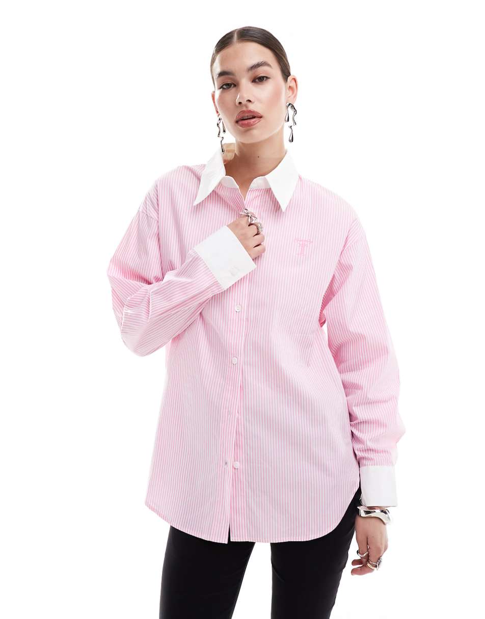 Urban Revivo striped boyfriend shirt in pink and white