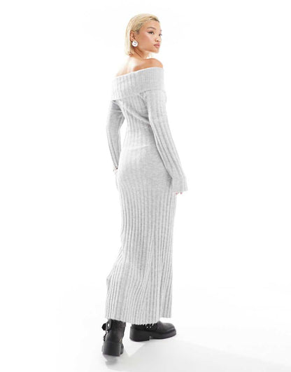 Glamorous off shoulder bodycon maxi knitted dress in gray heather