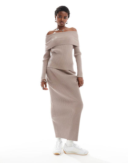 Glamorous off-shoulder rib knit sweater in taupe - part of a set