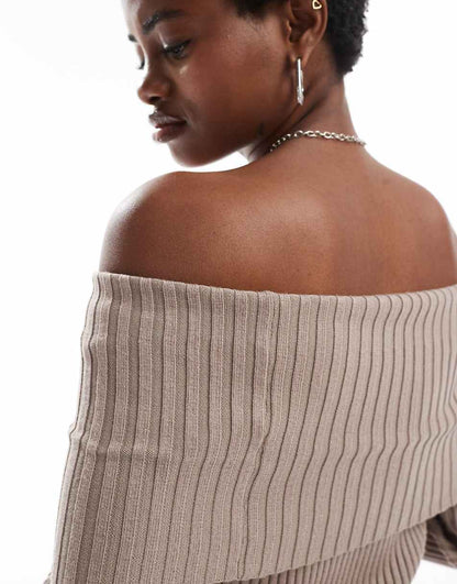 Glamorous off-shoulder rib knit sweater in taupe - part of a set