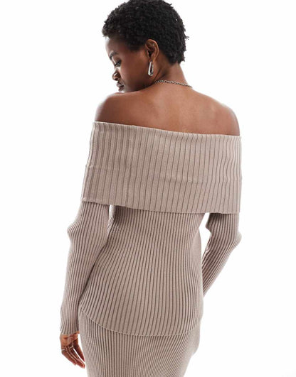 Glamorous off-shoulder rib knit sweater in taupe - part of a set