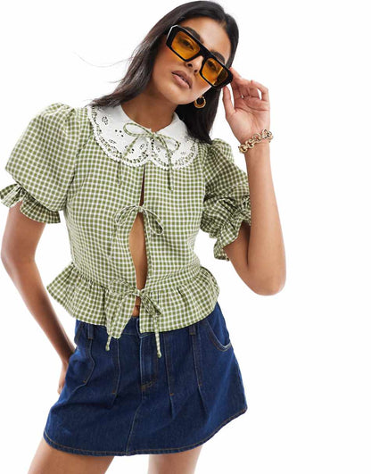 Miss Selfridge collared tie front blouse in gingham khaki