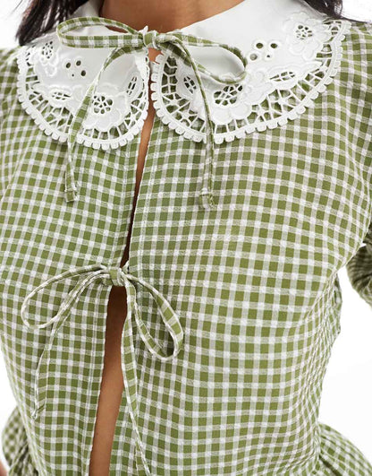 Miss Selfridge collared tie front blouse in gingham khaki