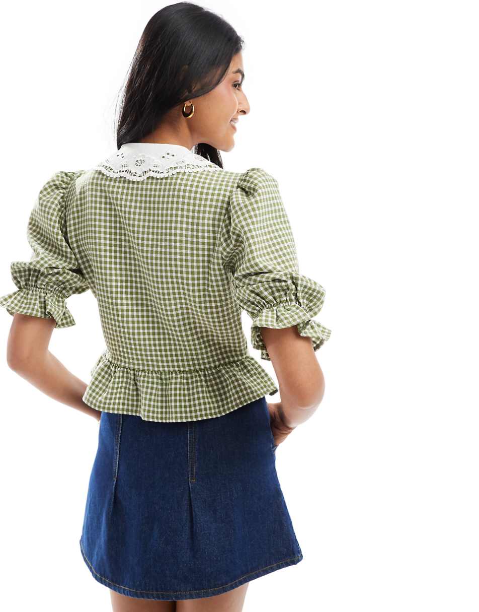 Miss Selfridge collared tie front blouse in gingham khaki