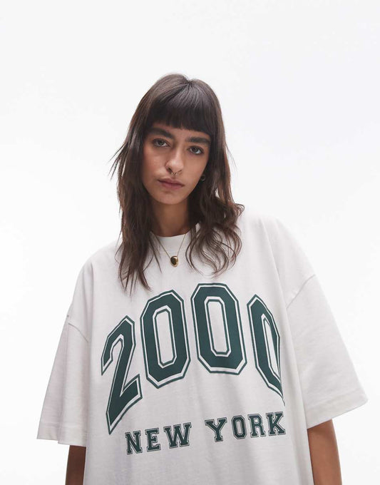 Topshop premium graphic 2000 New York oversize tee in white