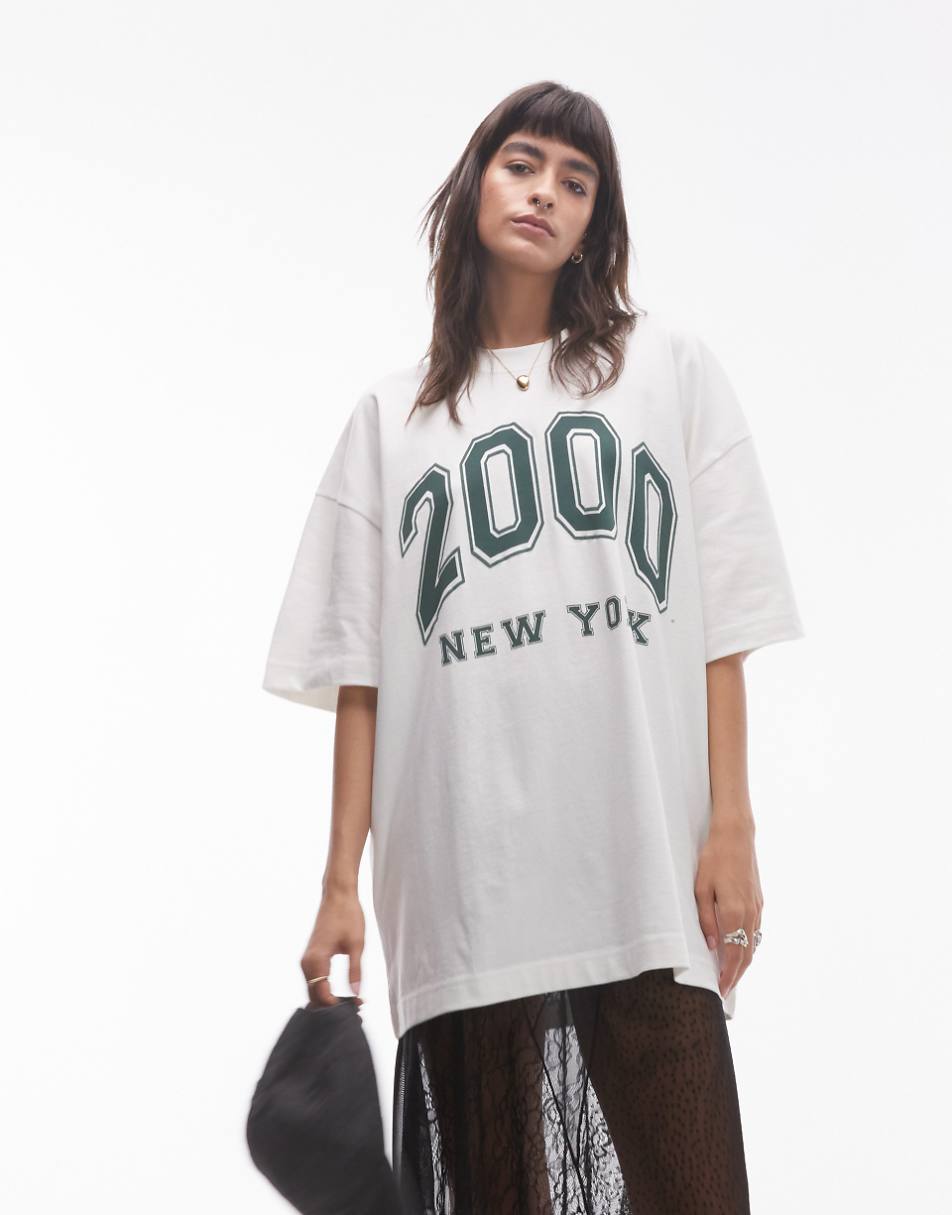 Topshop premium graphic 2000 New York oversize tee in white