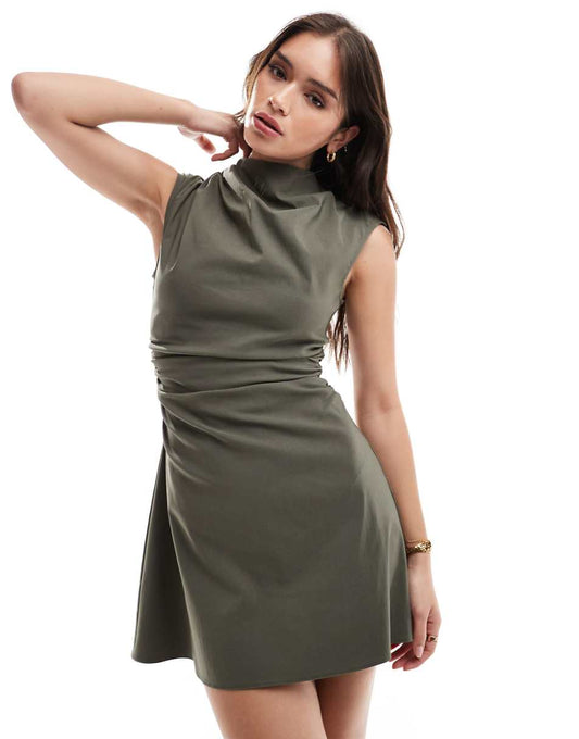 ASOS DESIGN bengaline high neck sleeveless mini dress with ruching detail in olive