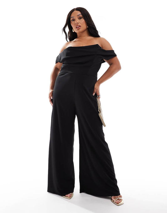 ASOS DESIGN Curve off the shoulder structured neckline jumpsuit in black