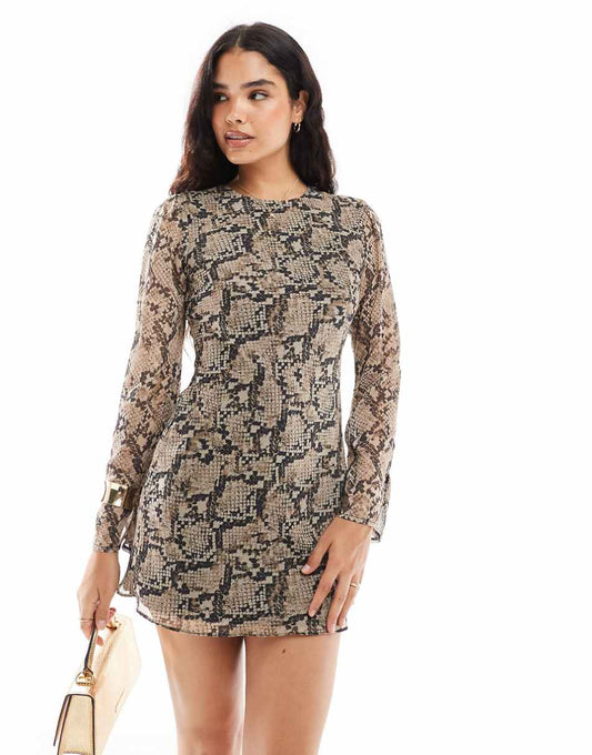 ASOS DESIGN chiffon mini dress with tie sleeve in snake print