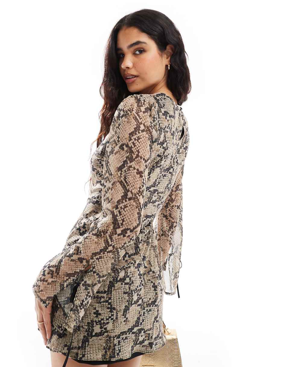 ASOS DESIGN chiffon mini dress with tie sleeve in snake print