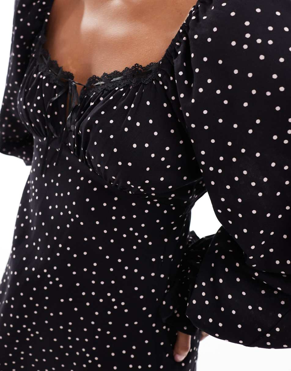 Miss Selfridge Petite ribbon detail tie front mini tea dress in polka dot