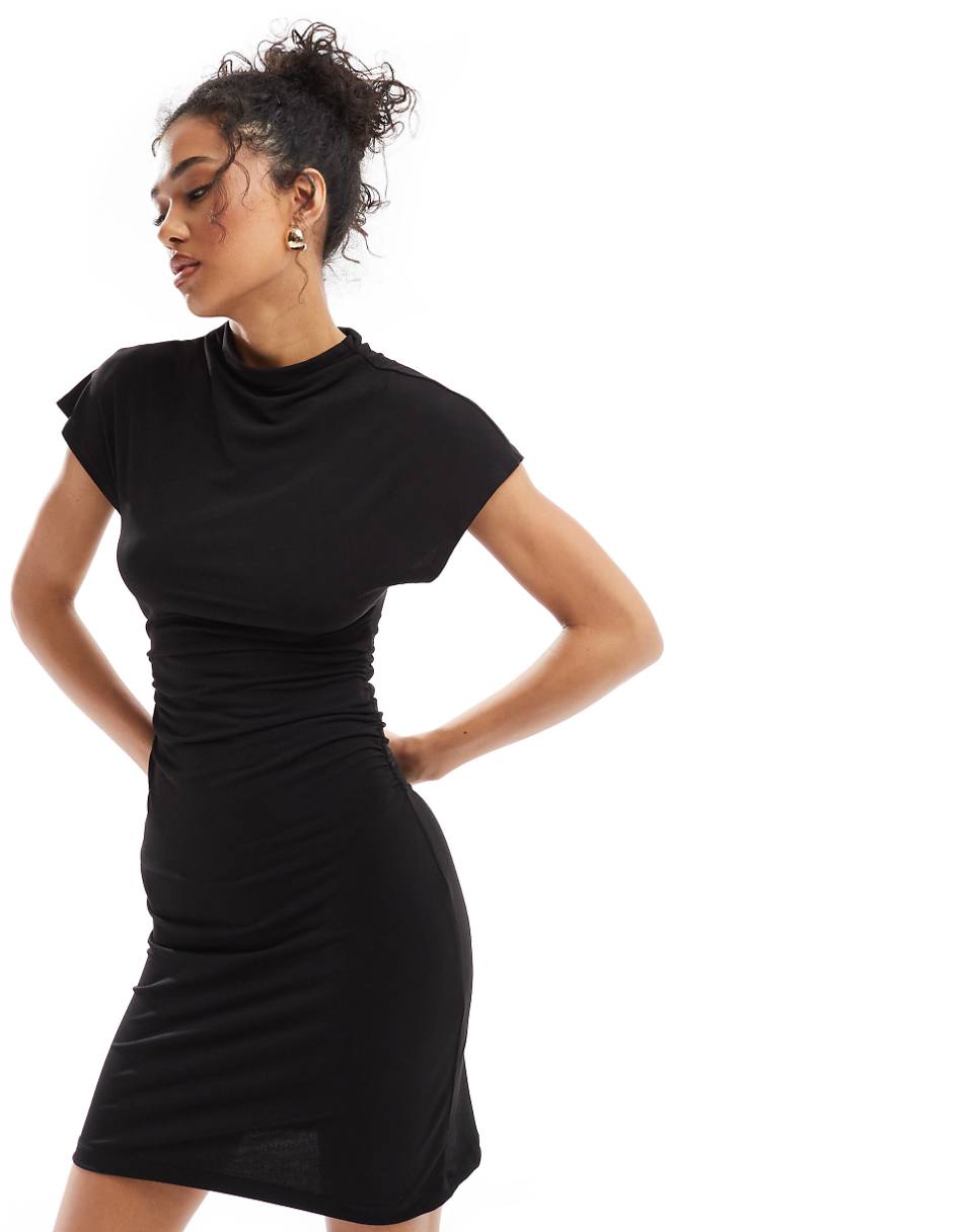 Vila stretch mini dress with ruched sides in black