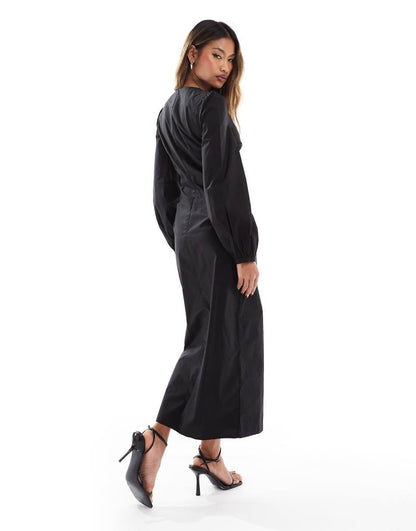 Kaiia volume sleeve plunge neck button detail maxi dress in black