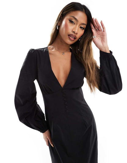 Kaiia volume sleeve plunge neck button detail maxi dress in black