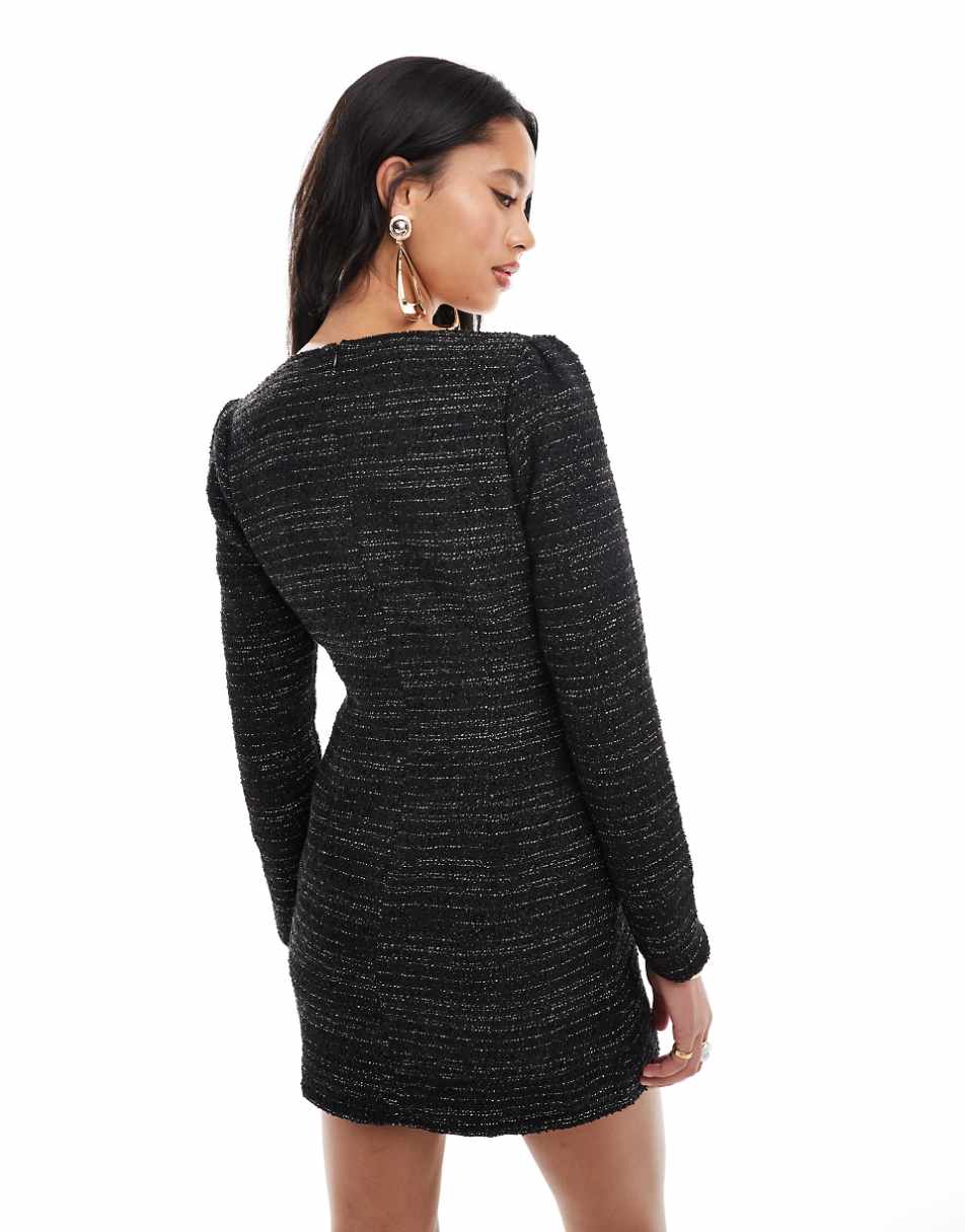 Kaiia boucle square neck button up mini dress in black