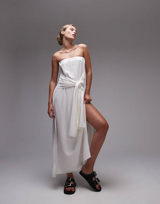 Topshop linen mix tie front bandeau dress in white