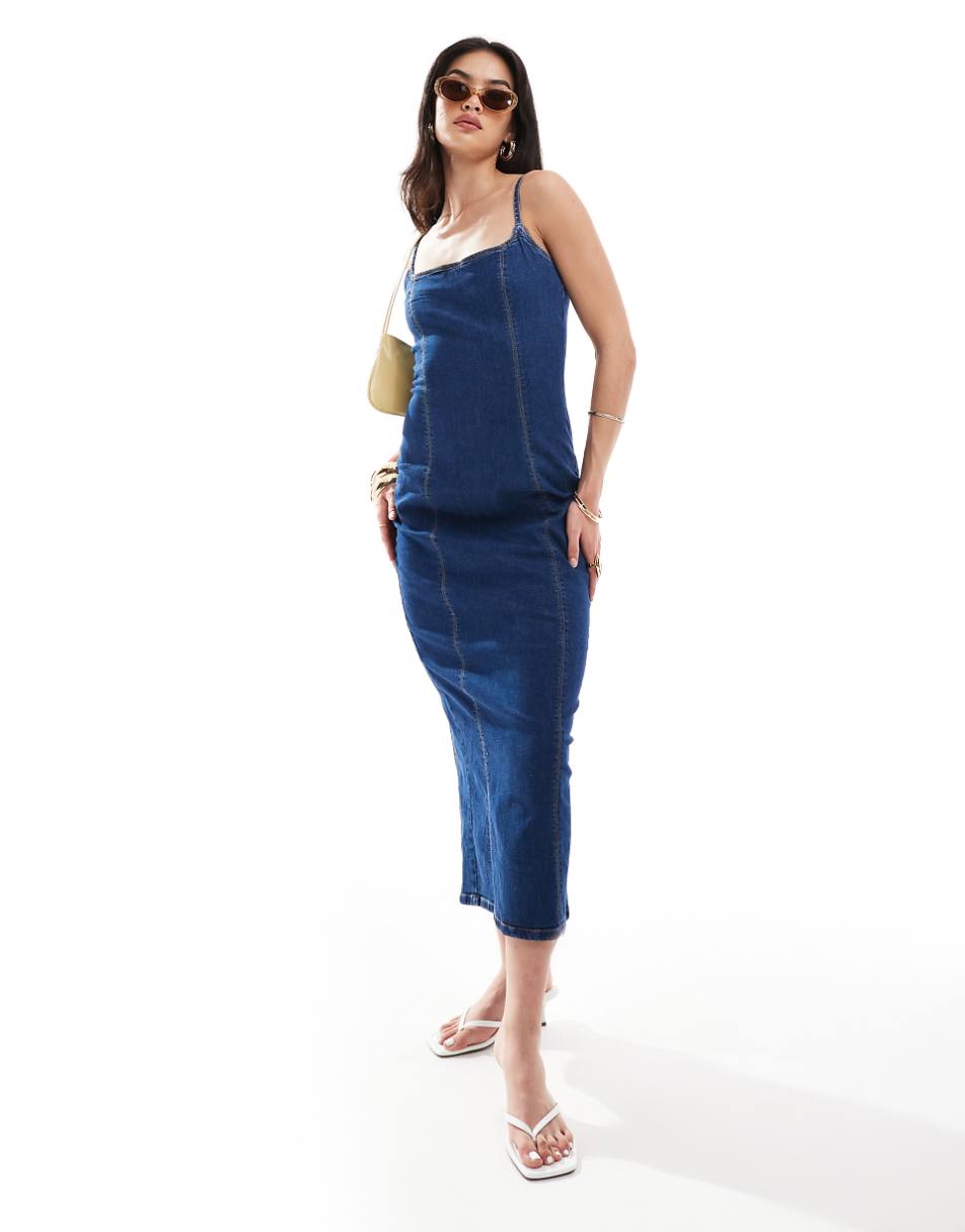 Bershka strappy bodycon denim shaping maxi dress in blue