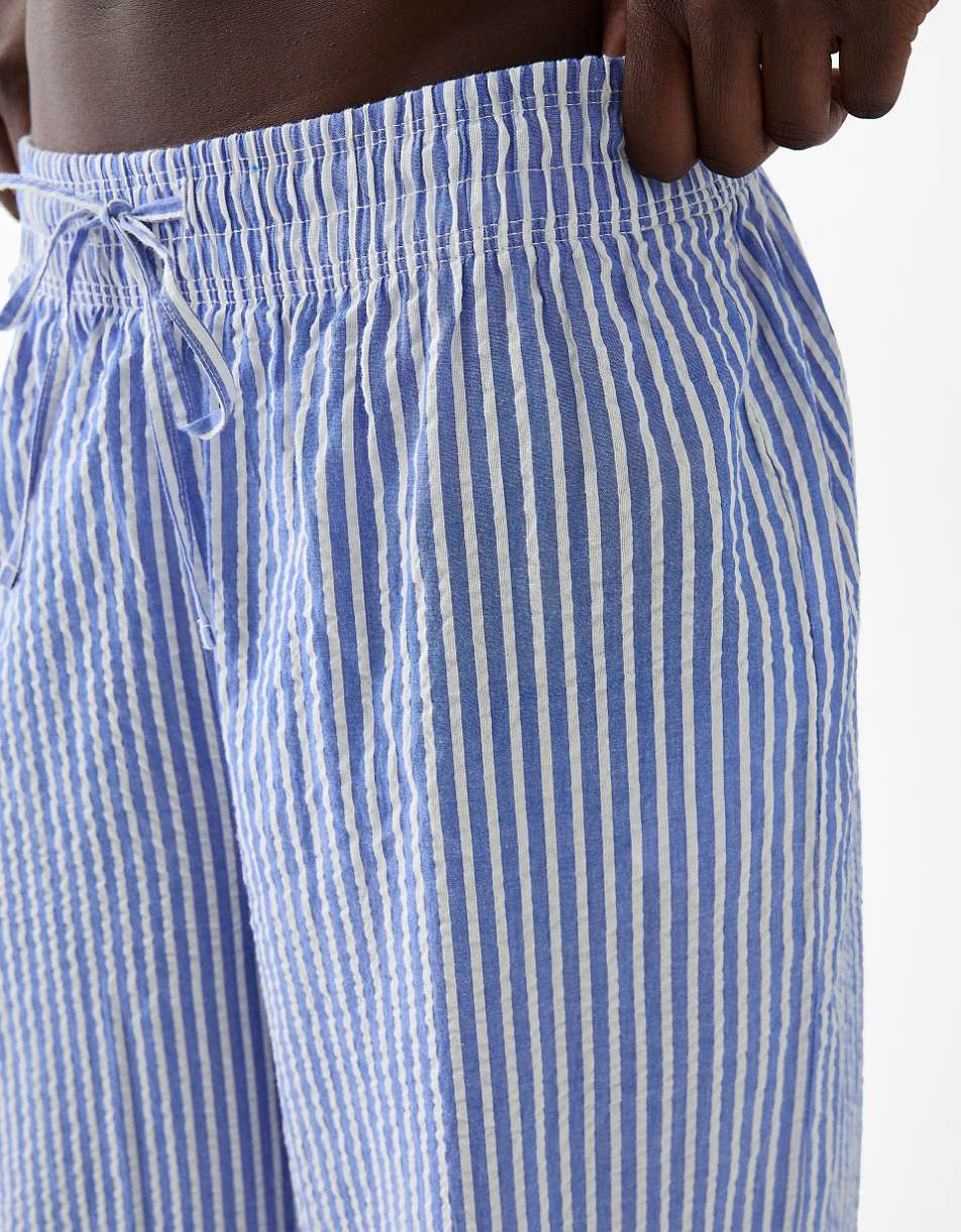 Bershka deep waistband wide leg pants in blue stripe