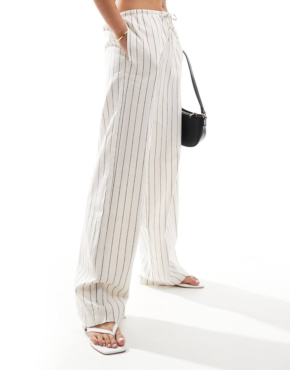 Bershka tie waist wide leg linen pants in ecru stripe