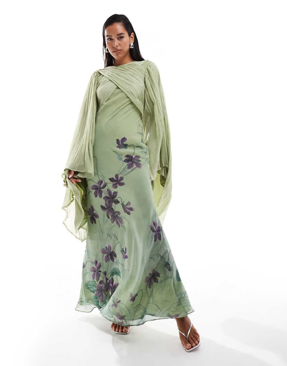 ASOS DESIGN exaggerated sleeve wrap bias maxi dress in green floral print