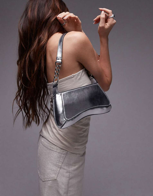 Topshop Sisi shoulder bag with chain detail in silver