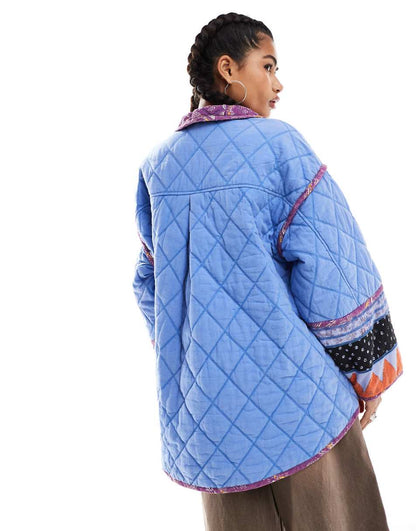 Free People winnie padded oversized print pocket jacket in blue multi