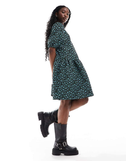 Glamorous drop waist mini smock dress in blue floral jacquard