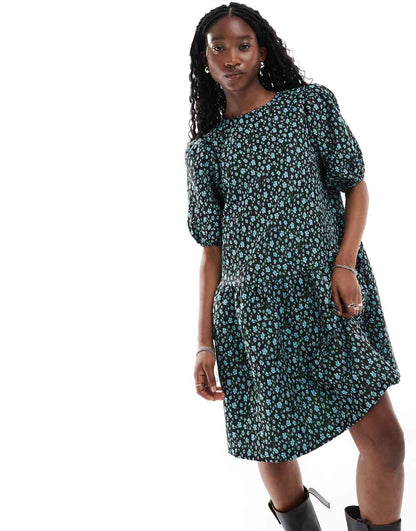 Glamorous drop waist mini smock dress in blue floral jacquard