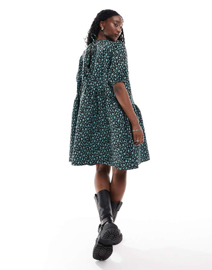 Glamorous drop waist mini smock dress in blue floral jacquard