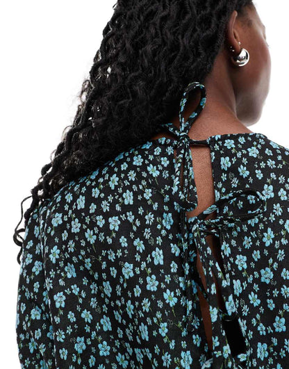 Glamorous drop waist mini smock dress in blue floral jacquard