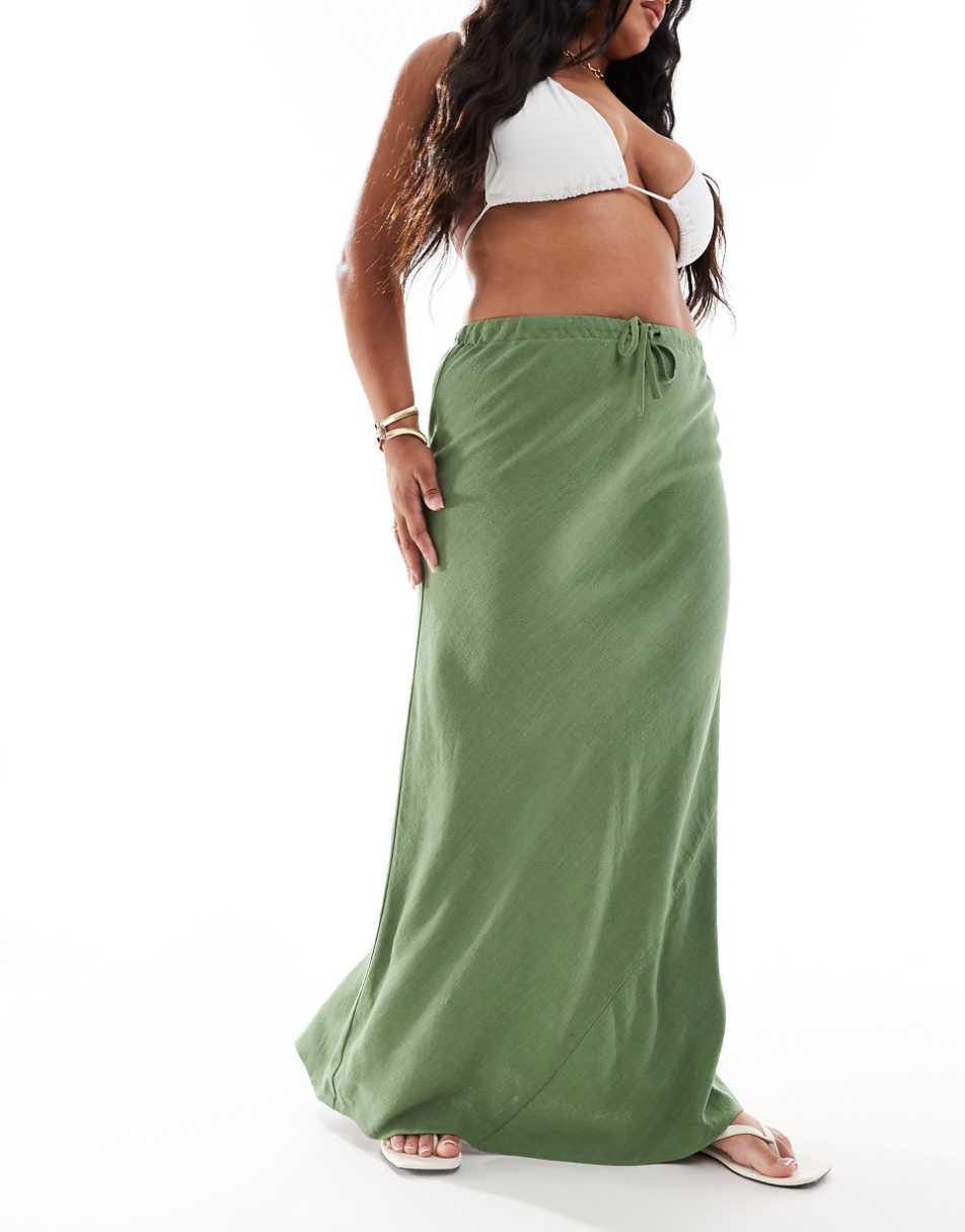 ASOS DESIGN Curve linen look tie waist bias maxi skirt in khaki