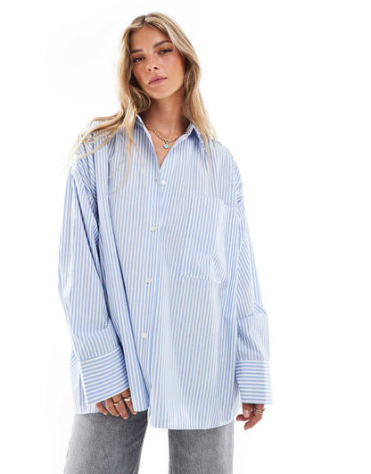 ASOS DESIGN ruched detail oversized shirt in blue stripe