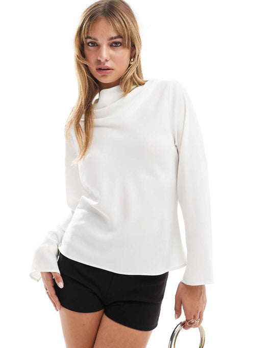 ASOS DESIGN long sleeve cowl blouse in ivory