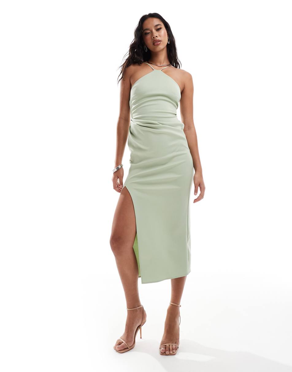 ASOS DESIGN halterneck midi dress with wrap skirt in sage green