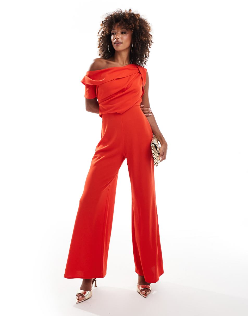 ASOS DESIGN fallen shoulder tuck detail wide leg jumpsuit in red