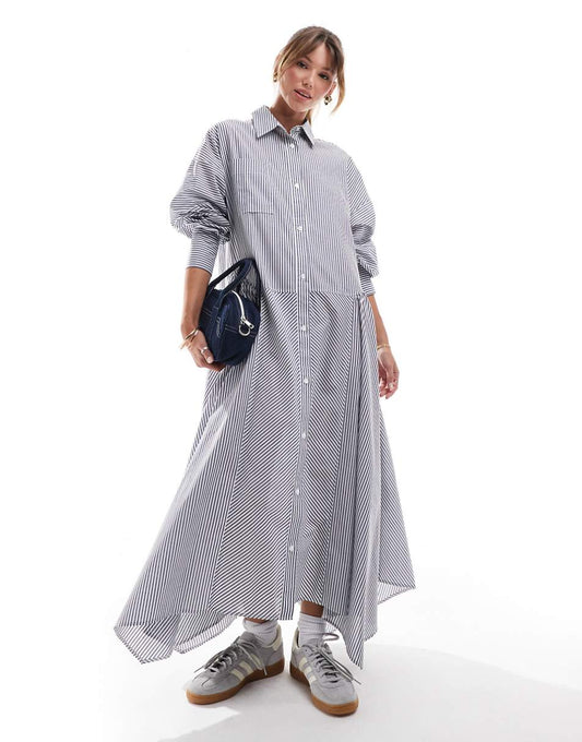 ASOS DESIGN maxi shirt dress with wide skirt and cuff detail in blue stripe