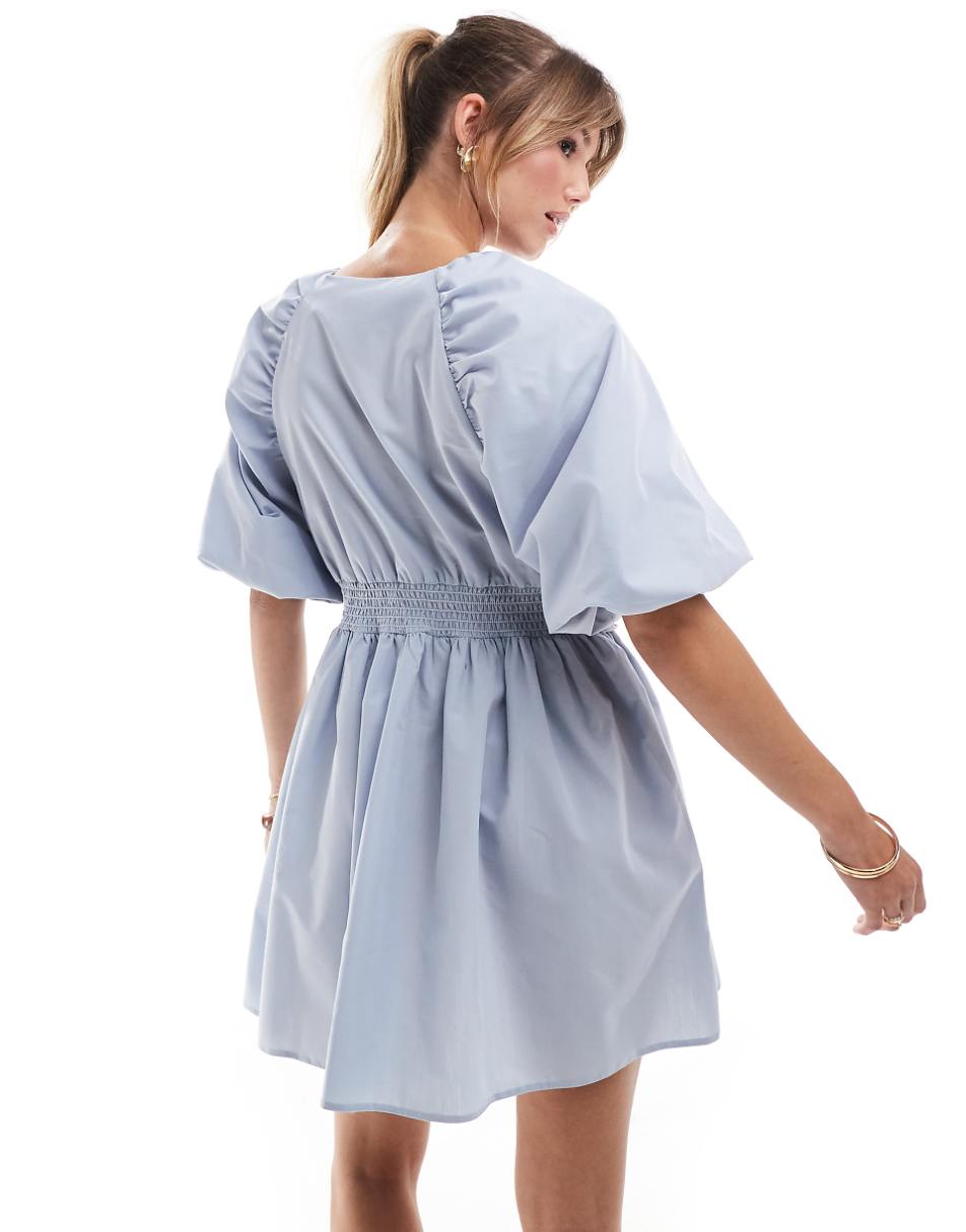 ASOS DESIGN double bow front mini dress with puff sleeves in light blue