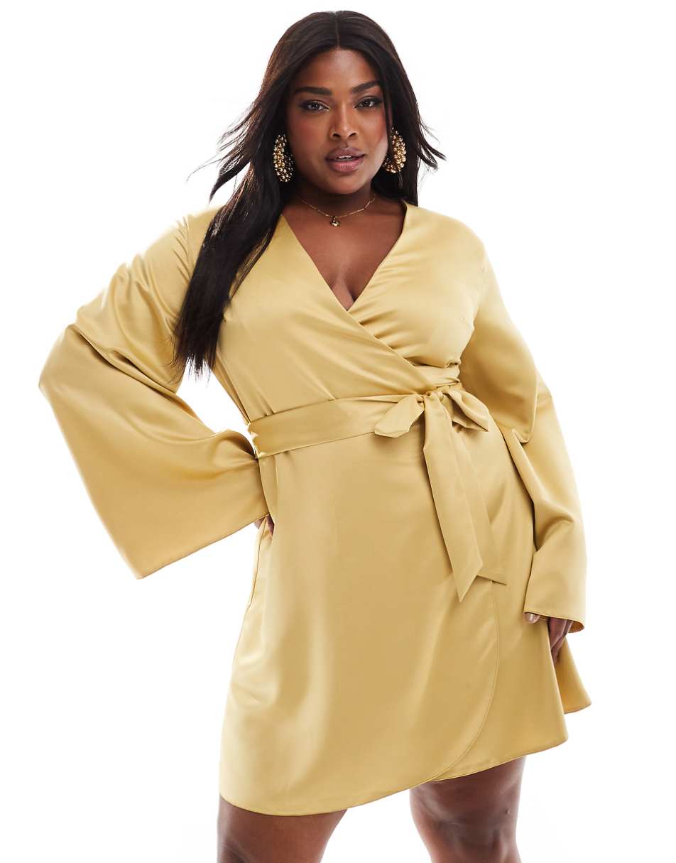 ASOS DESIGN Curve satin long sleeve wrap front mini dress in gold