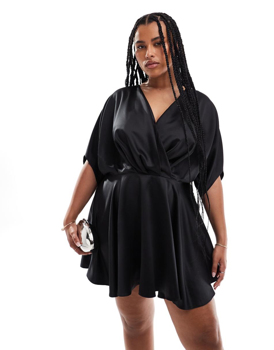 ASOS DESIGN Curve satin batwing mini dress in black