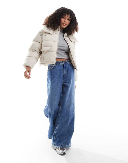 Stradivarius STR cropped puffer jacket in ecru