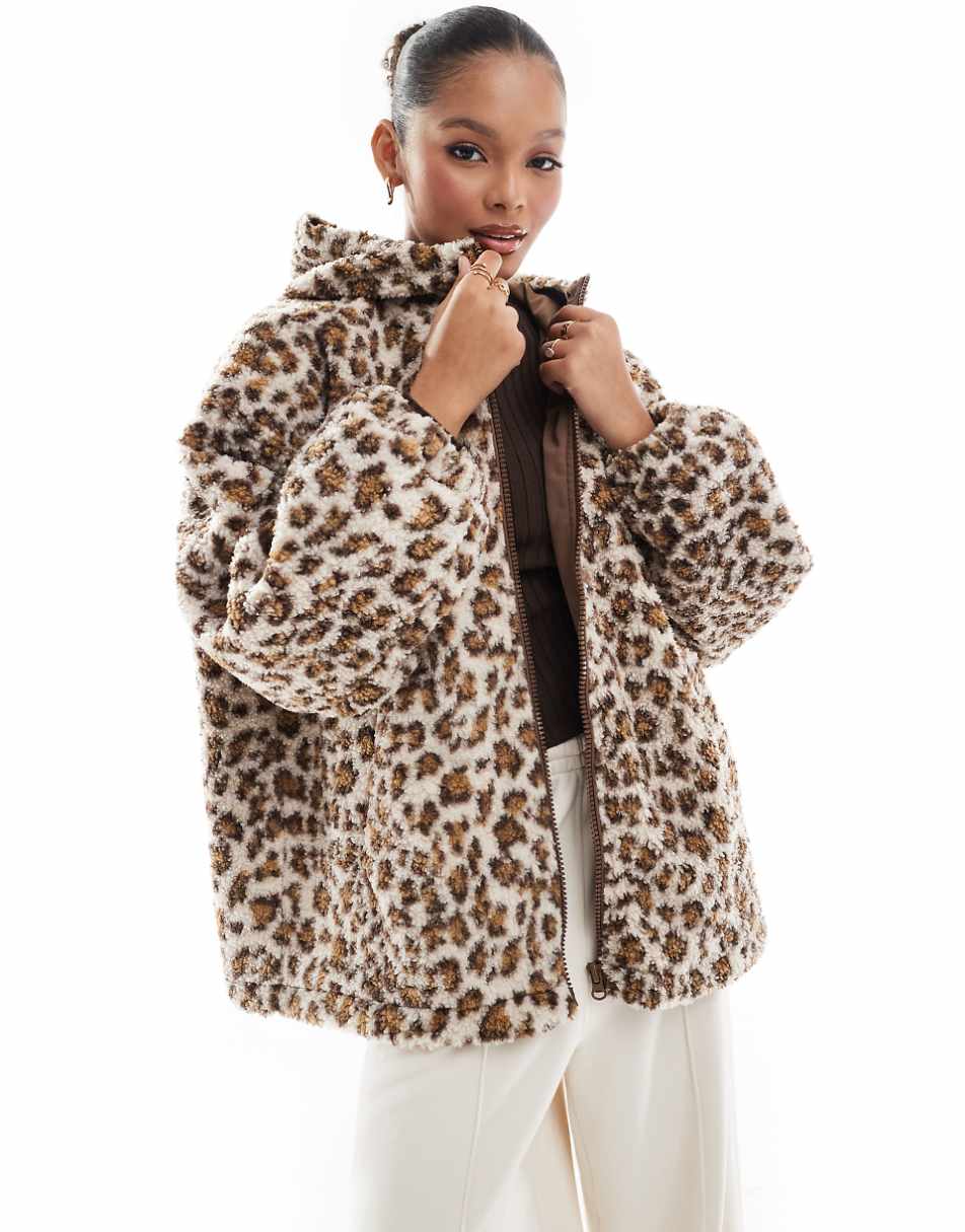 Stradivarius STR borg jacket with hood in leopard print