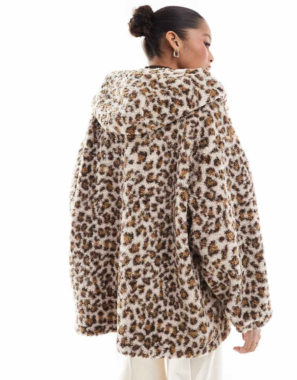 Stradivarius STR borg jacket with hood in leopard print