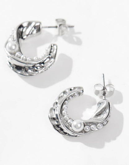 Pieces faux pearl detail hoops in silver