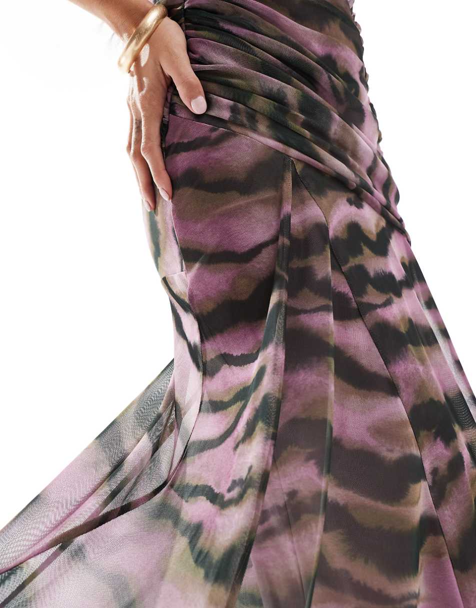 ASOS DESIGN mesh scoop neck midi dress with full skirt in pink and green abstract animal print