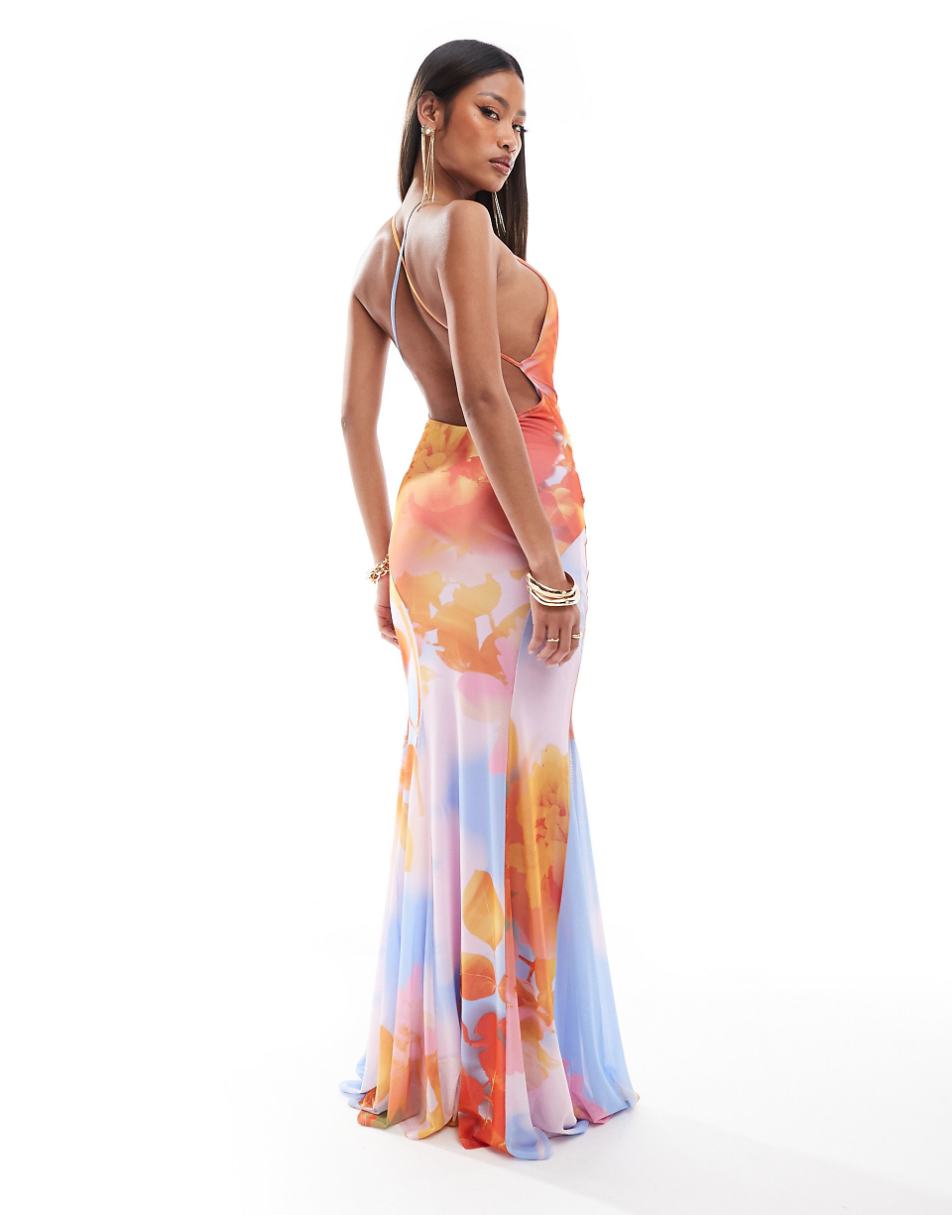 ASOS DESIGN mesh plunge maxi dress with full godet skirt in abstract floral print