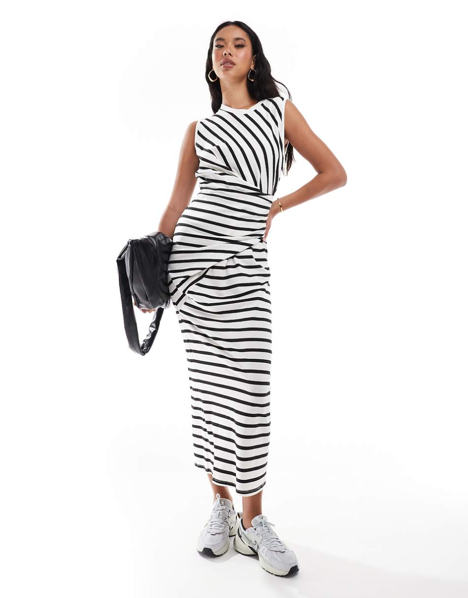 ASOS DESIGN sleeveless midaxi dress with twist detail in mono stripe